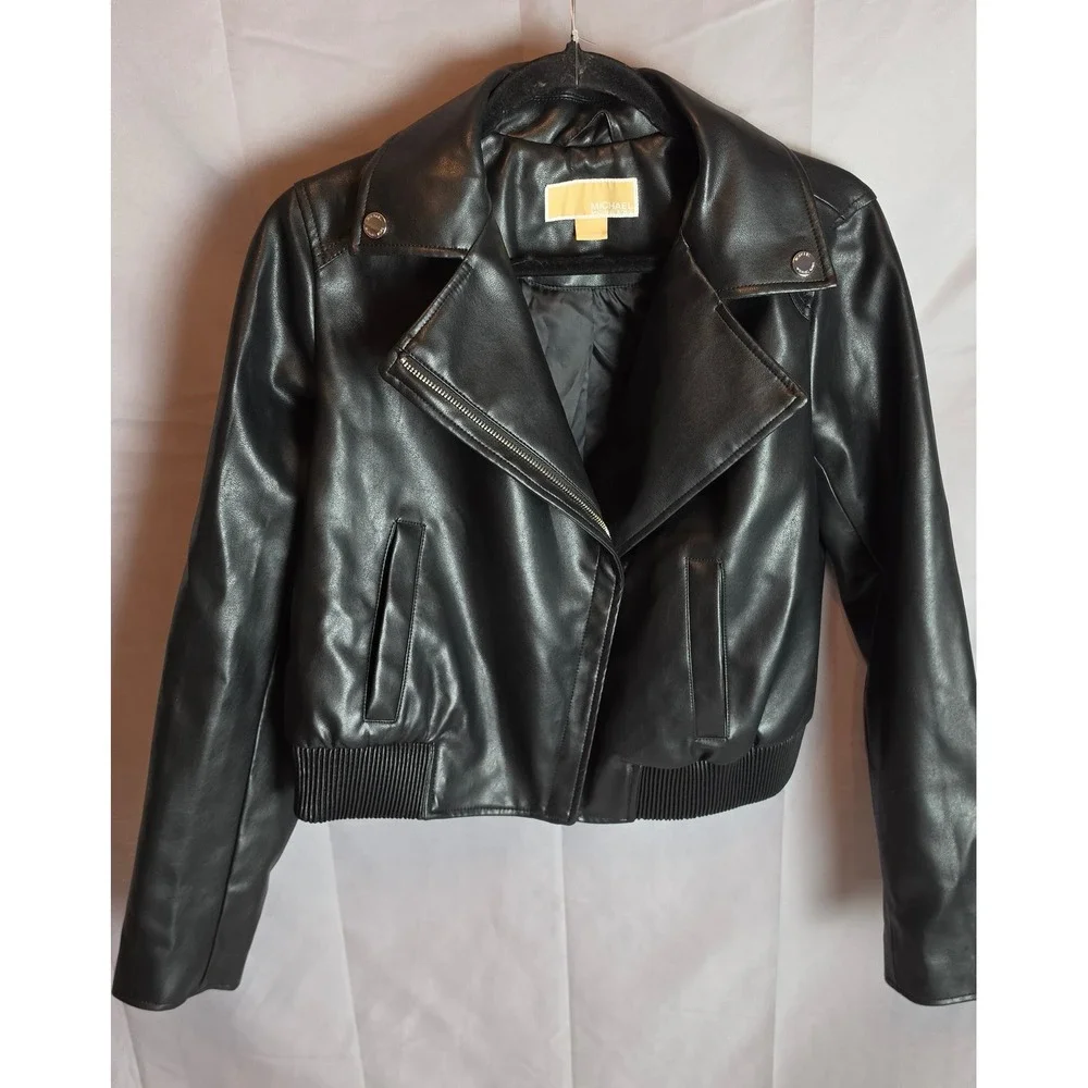Michael Kors Womens Black Faux Leather Moto Jacket Cropped Bomber Streetwear